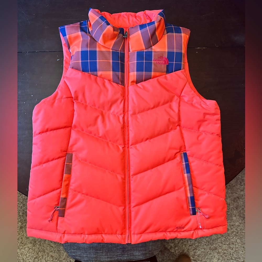 The North Face Bright Coral Red Puffer Vest with Black Logo Patch